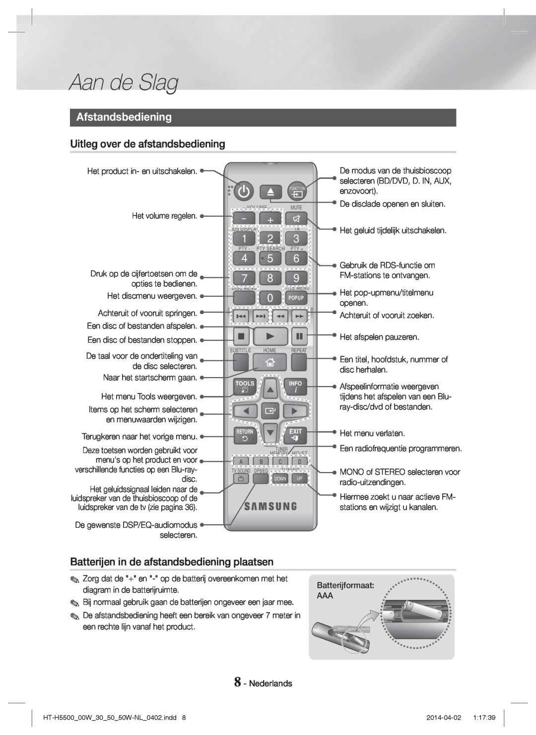 Samsung HT-H5500/XN manual Afstandsbediening, Uitleg over de afstandsbediening, Batterijen in de afstandsbediening plaatsen 