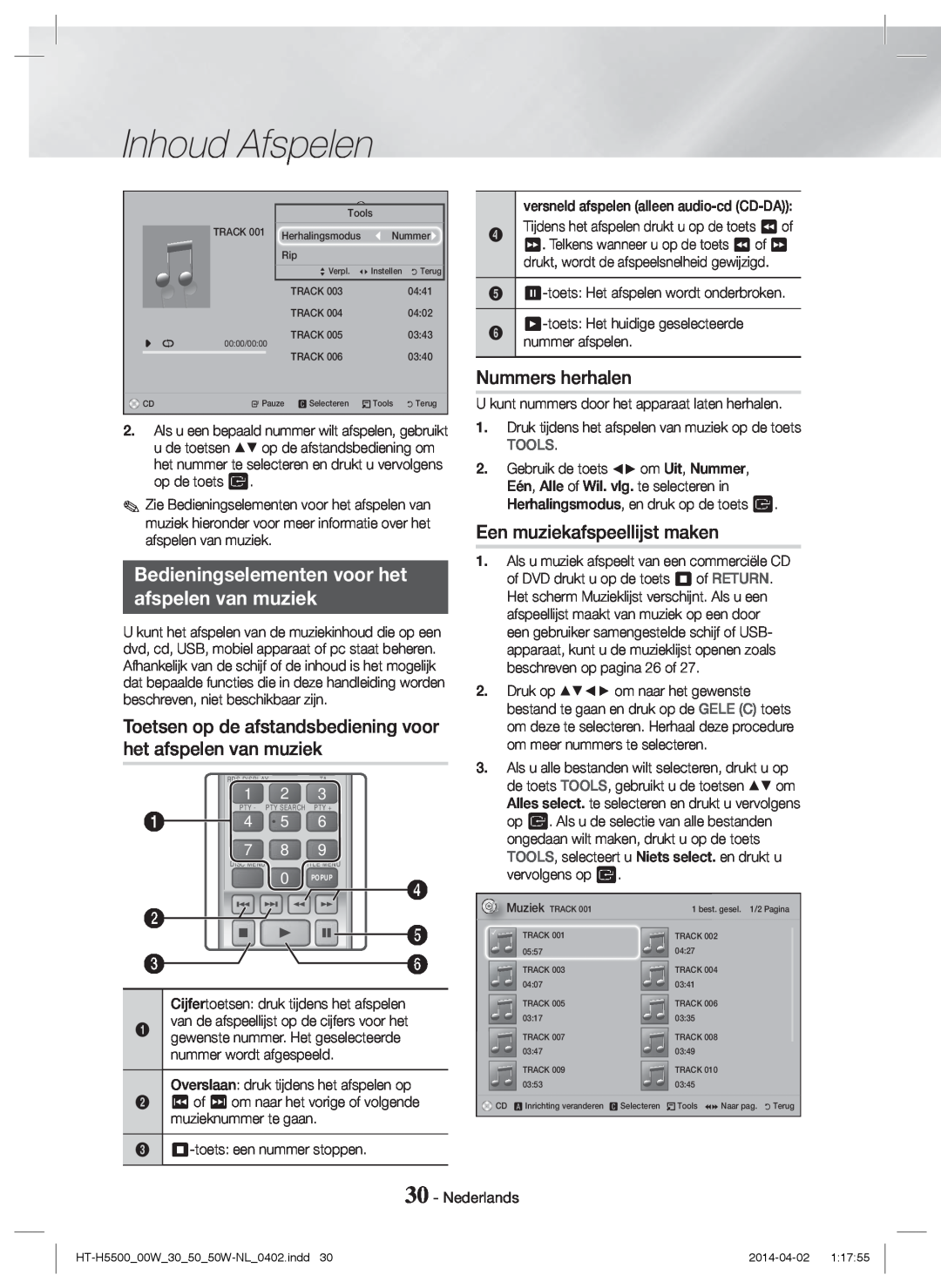 Samsung HT-H5550/XN manual Bedieningselementen voor het afspelen van muziek, Nummers herhalen, Een muziekafspeellijst maken 