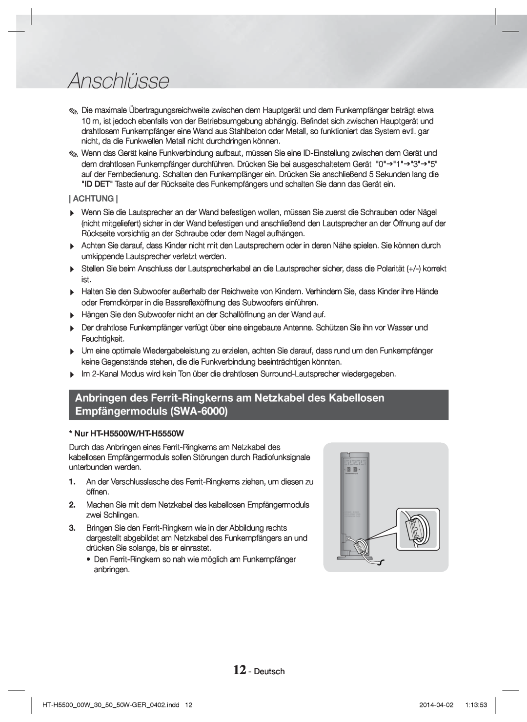 Samsung HT-H5500/TK manual Anbringen des Ferrit-Ringkerns am Netzkabel des Kabellosen, Empfängermoduls SWA-6000, Anschlüsse 