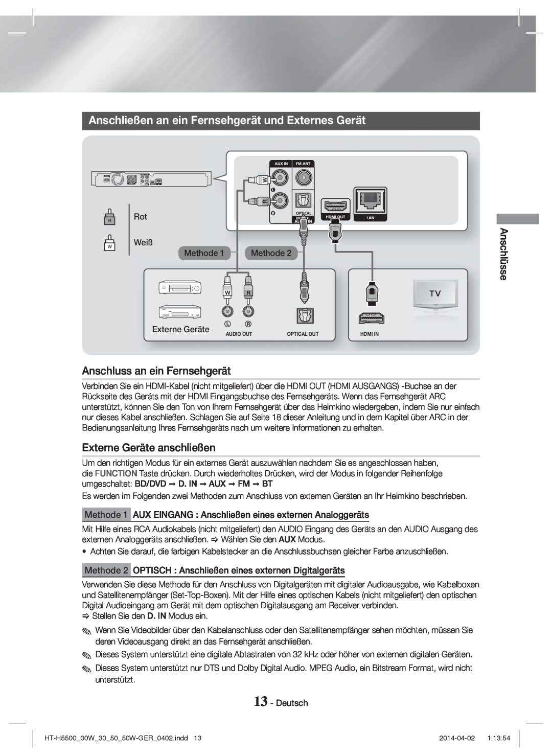 Samsung HT-H5550/ZF manual Anschließen an ein Fernsehgerät und Externes Gerät, Anschluss an ein Fernsehgerät, Anschlüsse 