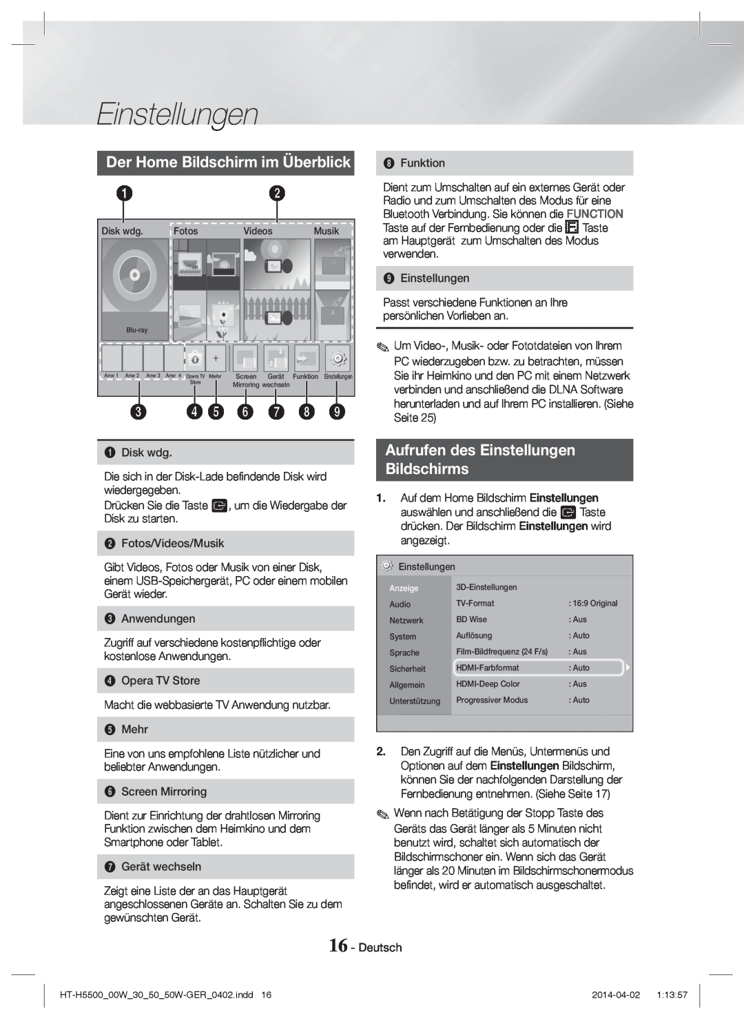 Samsung HT-H5530/ZF manual Der Home Bildschirm im Überblick, Aufrufen des Einstellungen Bildschirms, 3 4 5 6 7 8, Anzeige 