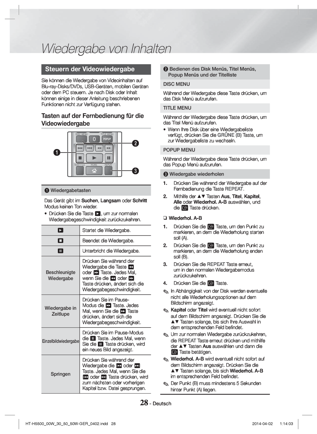 Samsung HT-H5550W/TK manual Steuern der Videowiedergabe, Tasten auf der Fernbedienung für die, Wiedergabe von Inhalten 