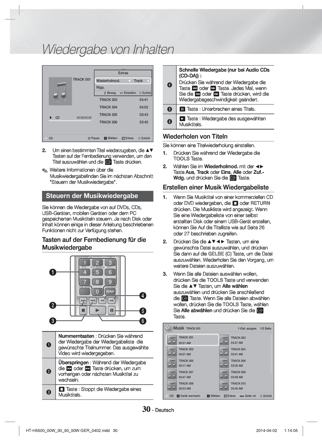 Samsung HT-H5500W/EN manual Steuern der Musikwiedergabe, Wiederholen von Titeln, Erstellen einer Musik Wiedergabeliste 