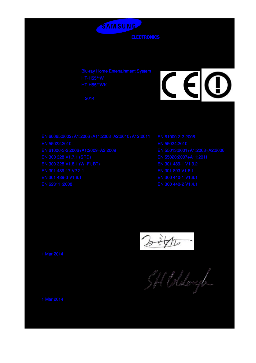 Samsung HT-H5530/EN, HT-H5550W/TK, HT-H5500W/EN, HT-H5500/EN, HT-H5550W/EN, HT-H5550/TK manual Declaration of Conformity 