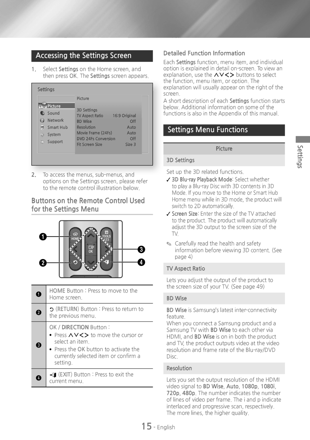 Samsung HT-H6500WM user manual Accessing the Settings Screen, Settings Menu Functions, For the Settings Menu 