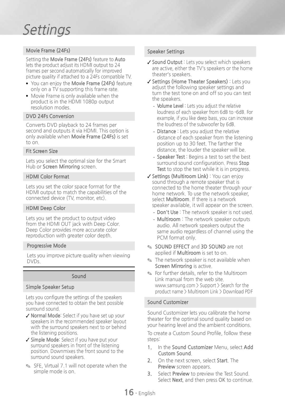 Samsung HT-H6500WM user manual Movie Frame 24Fs, DVD 24Fs Conversion, Fit Screen Size, Hdmi Color Format, Hdmi Deep Color 