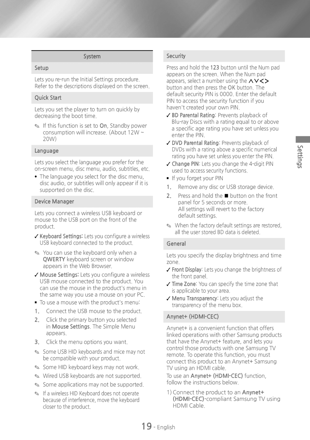 Samsung HT-H6500WM user manual SystemSecurity Setup, Quick Start, Language, Device Manager, General, Anynet+ HDMI-CEC 