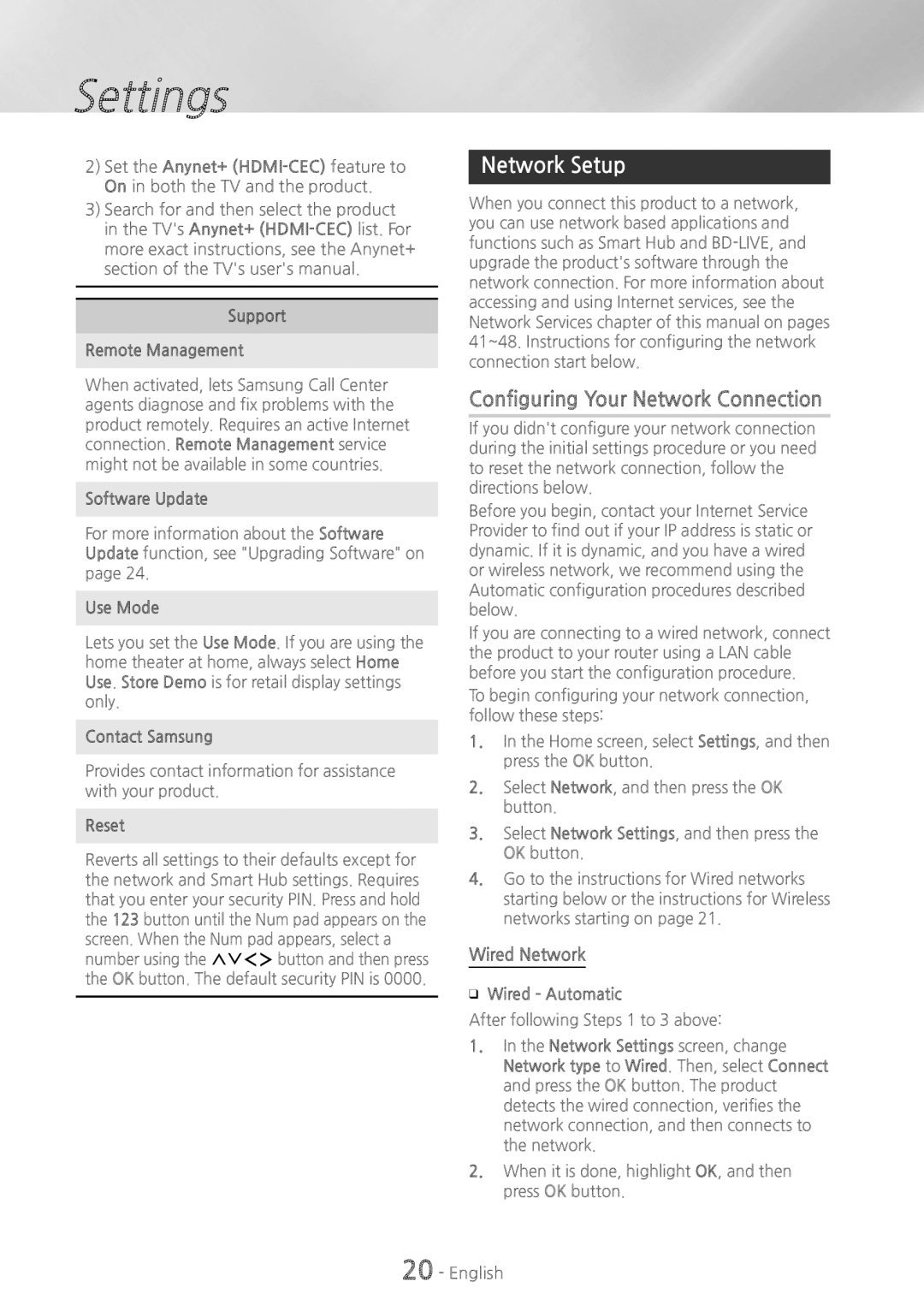 Samsung HT-H6500WM user manual Network Setup, Configuring Your Network Connection, Wired Network 