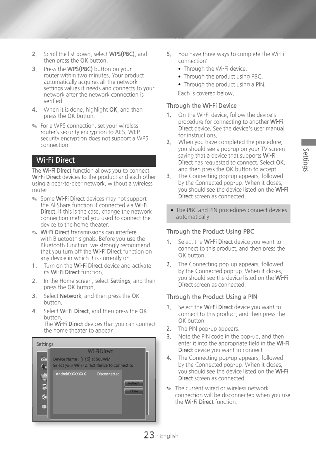 Samsung HT-H6500WM Wi-Fi Direct, Through the Wi-Fi Device, Through the Product Using PBC, Through the Product Using a PIN 