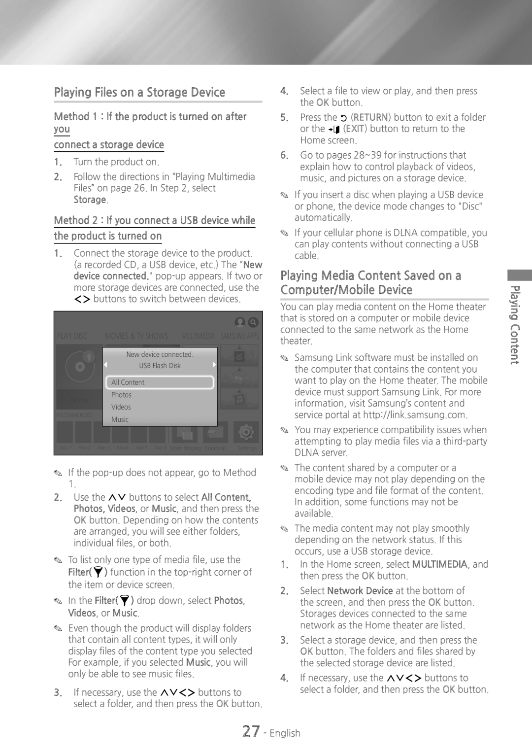 Samsung HT-H6500WM user manual Playing Files on a Storage Device, Playing Media Content Saved on a Computer/Mobile Device 