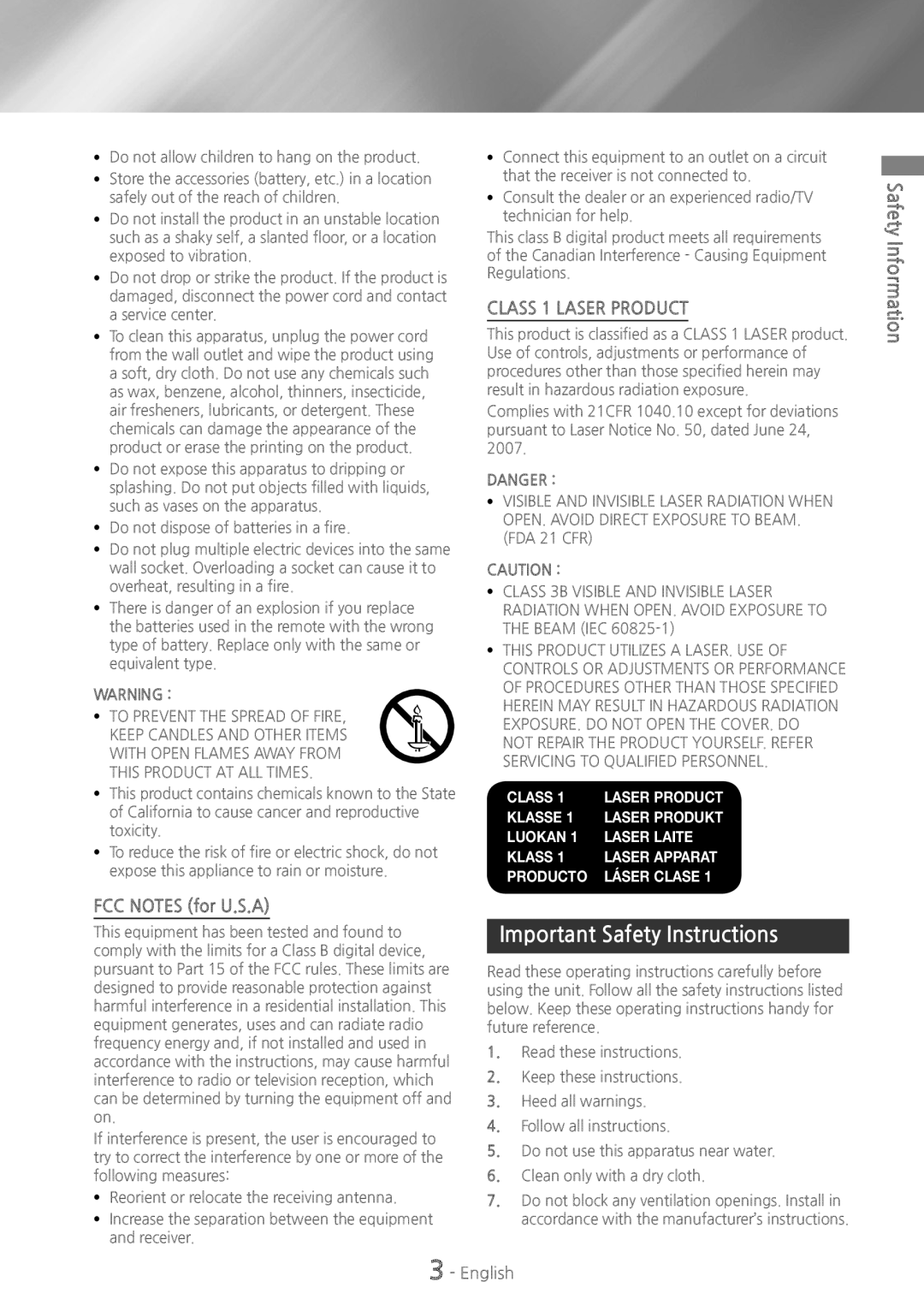 Samsung HT-H6500WM user manual Important Safety Instructions, FCC Notes for U.S.A, Class 1 Laser product, InformationSafety 