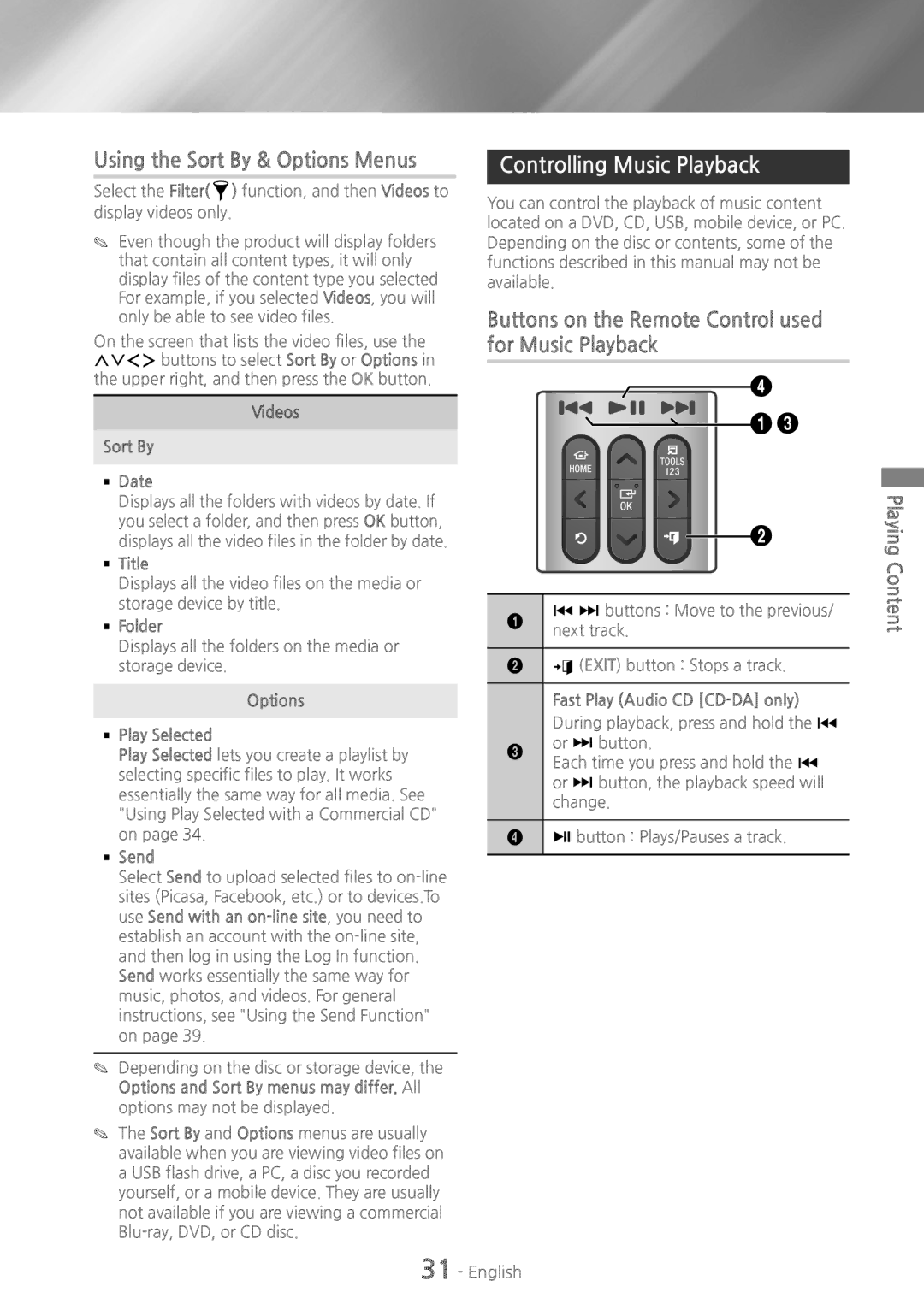 Samsung HT-H6500WM user manual Using the Sort By & Options Menus, Controlling Music Playback 