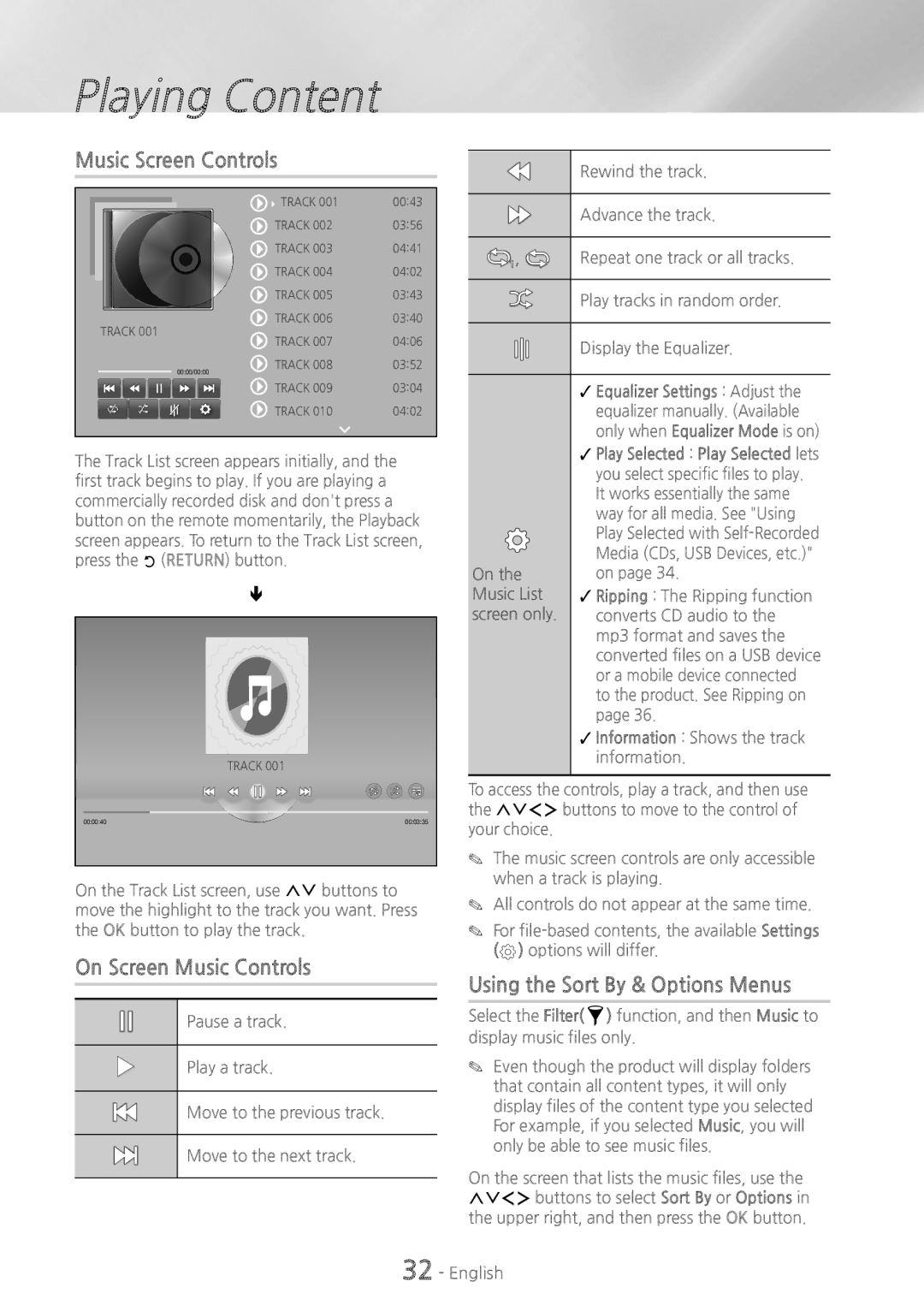 Samsung HT-H6500WM user manual Music Screen Controls, On Screen Music Controls 