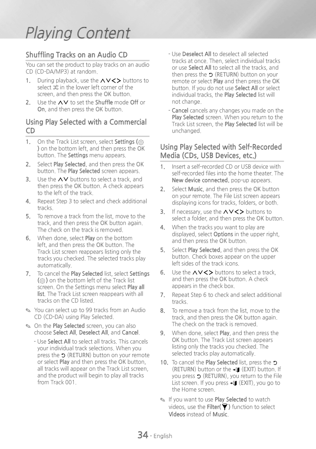 Samsung HT-H6500WM user manual Shuffling Tracks on an Audio CD, Using Play Selected with a Commercial 