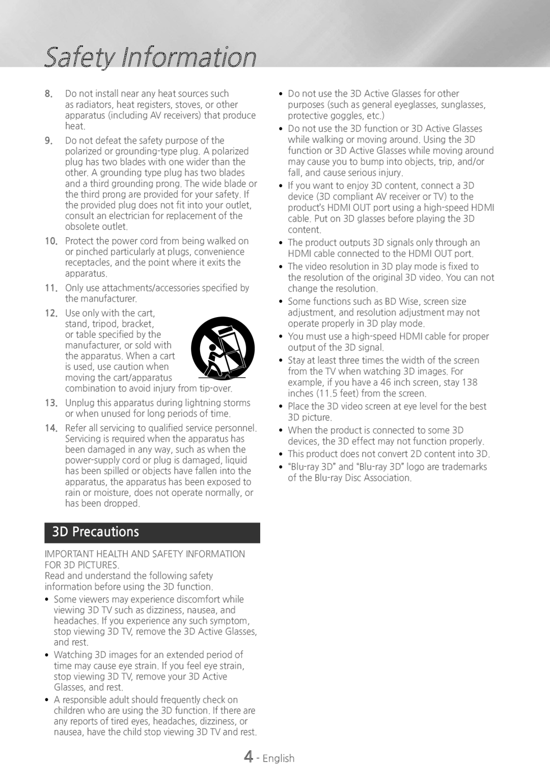 Samsung HT-H6500WM user manual 3D Precautions, Important Health and Safety Information for 3D Pictures 