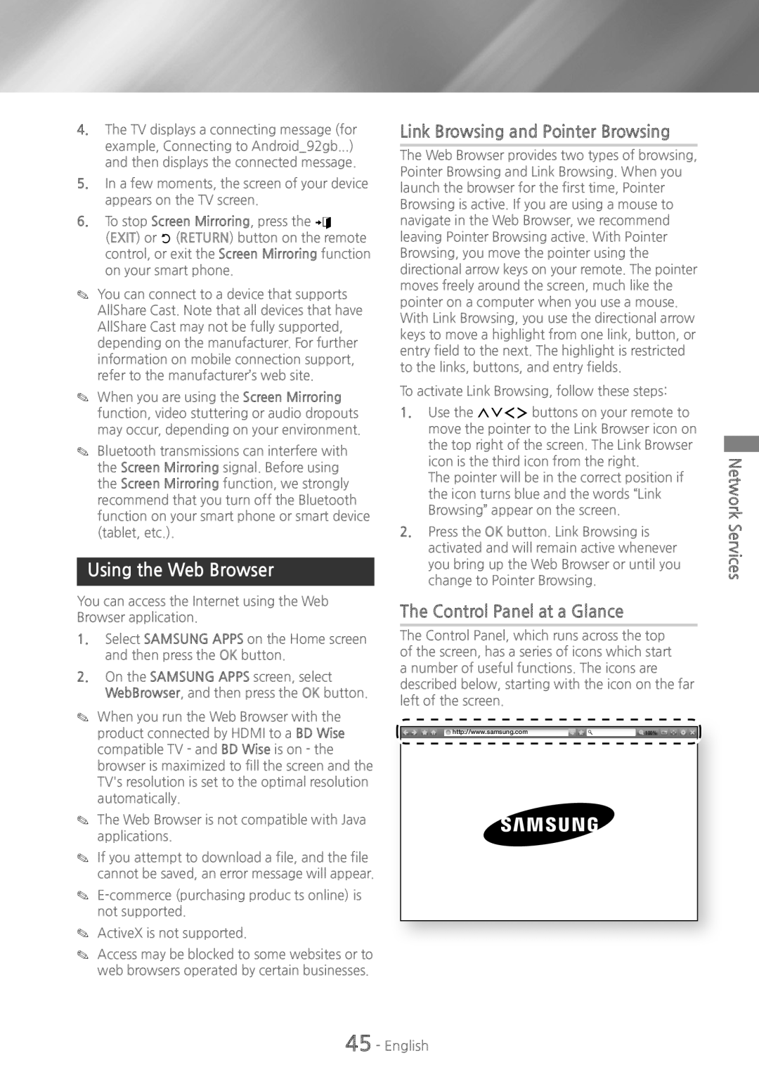 Samsung HT-H6500WM user manual Using the Web Browser, Link Browsing and Pointer Browsing, Control Panel at a Glance 