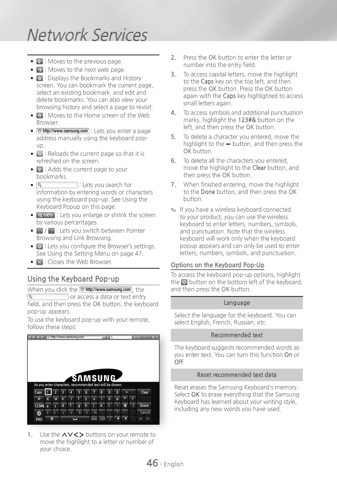 Samsung HT-H6500WM user manual Using the Keyboard Pop-up, Options on the Keyboard Pop-Up, ~~ Closes the Web Browser 