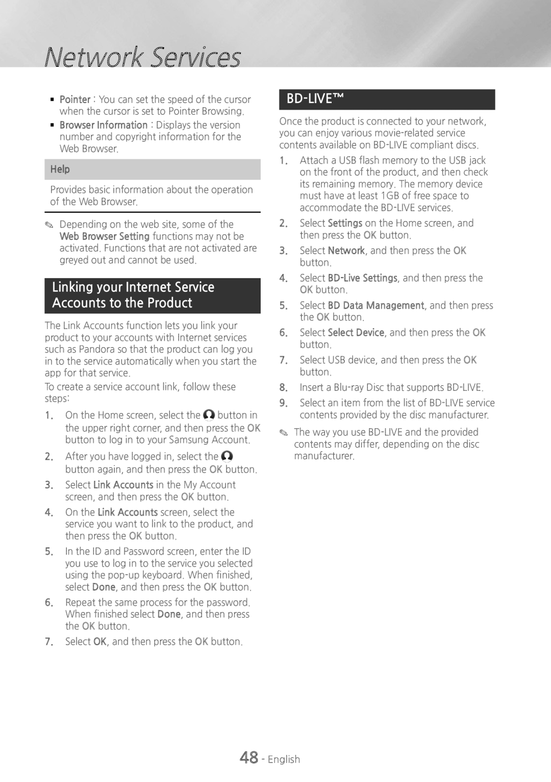 Samsung HT-H6500WM user manual Linking your Internet Service Accounts to the Product, Bd-Live 