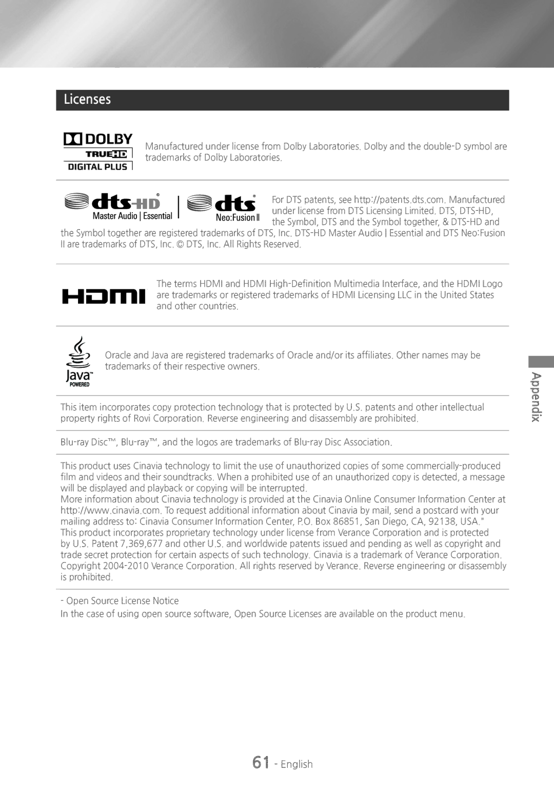 Samsung HT-H6500WM user manual Licenses 