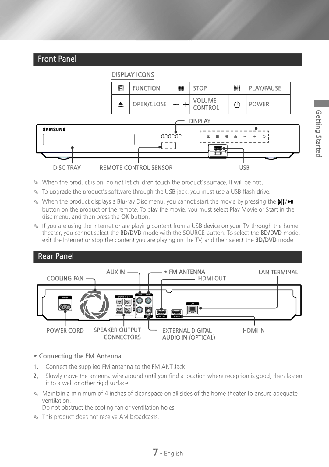 Samsung HT-H6500WM user manual Front Panel, Rear Panel, Started Getting, Connecting the FM Antenna 