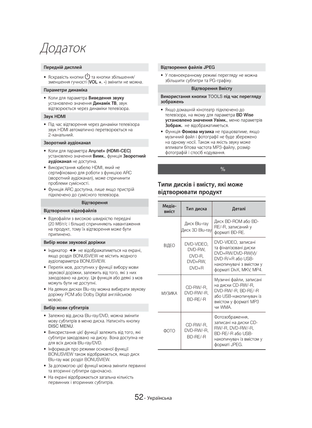 Samsung HT-H6550WK/RU Сумісність дисків і форматів, Типи дисків і вмісту, які може відтворювати продукт, 52 Українська 