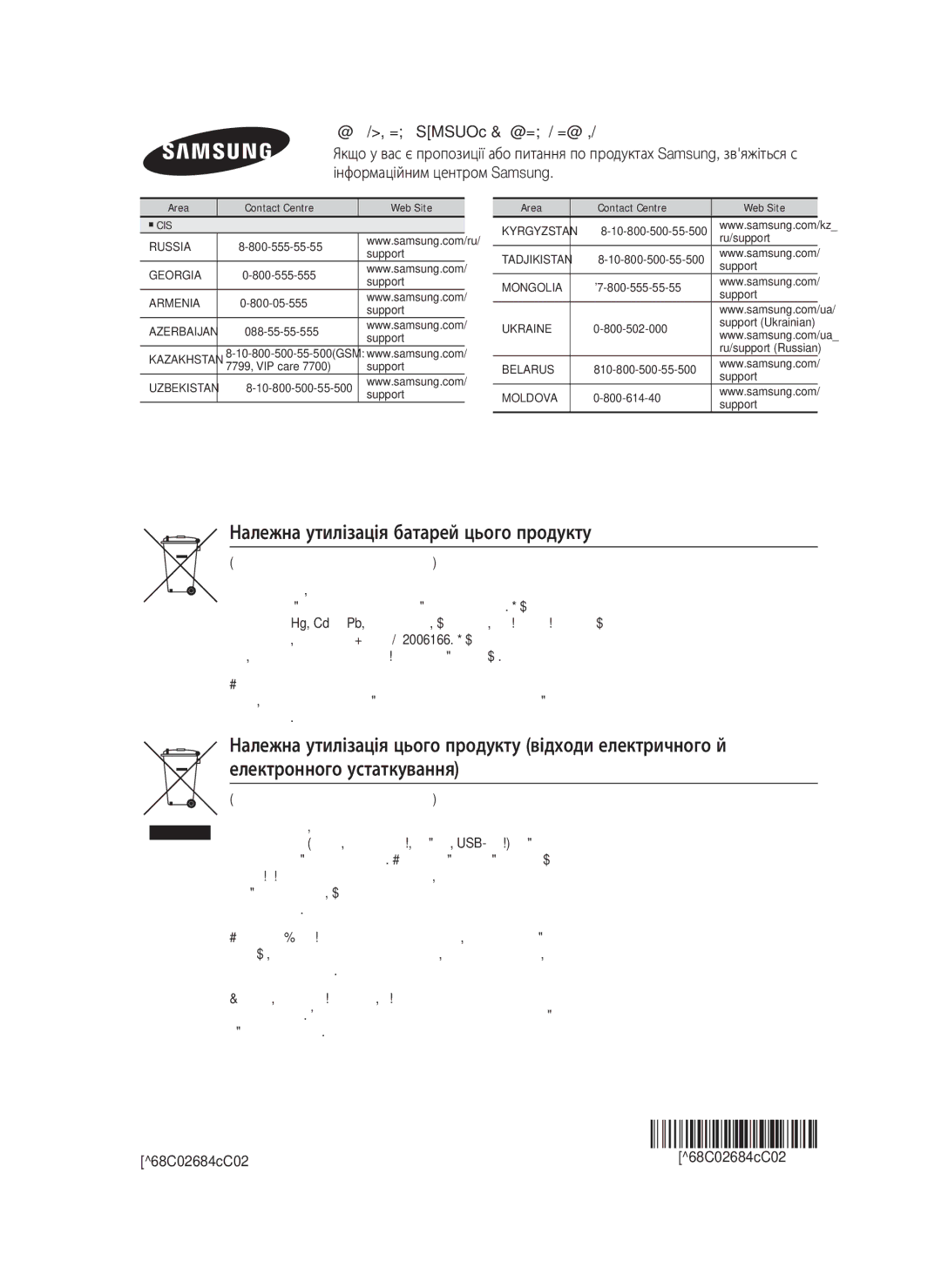 Samsung HT-H6550WK/RU manual Належна утилізація батарей цього продукту, AH68-02684G-02 