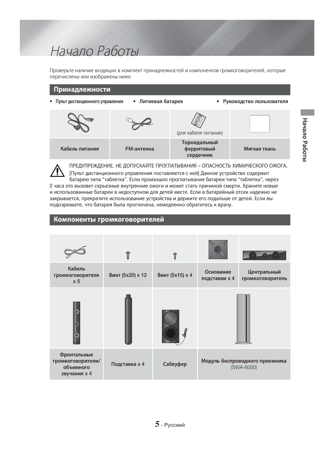 Samsung HT-H6550WK/RU manual Начало Работы, Принадлежности, Компоненты громкоговорителей 