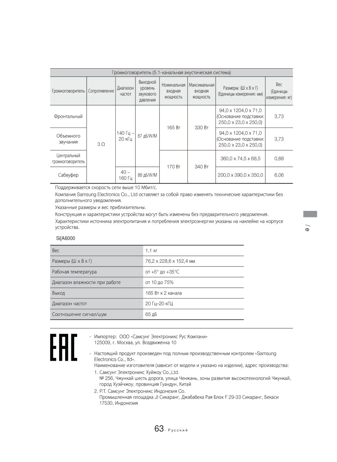 Samsung HT-H6550WK/RU manual Громкоговоритель 5.1-канальная акустическая система, Вес 