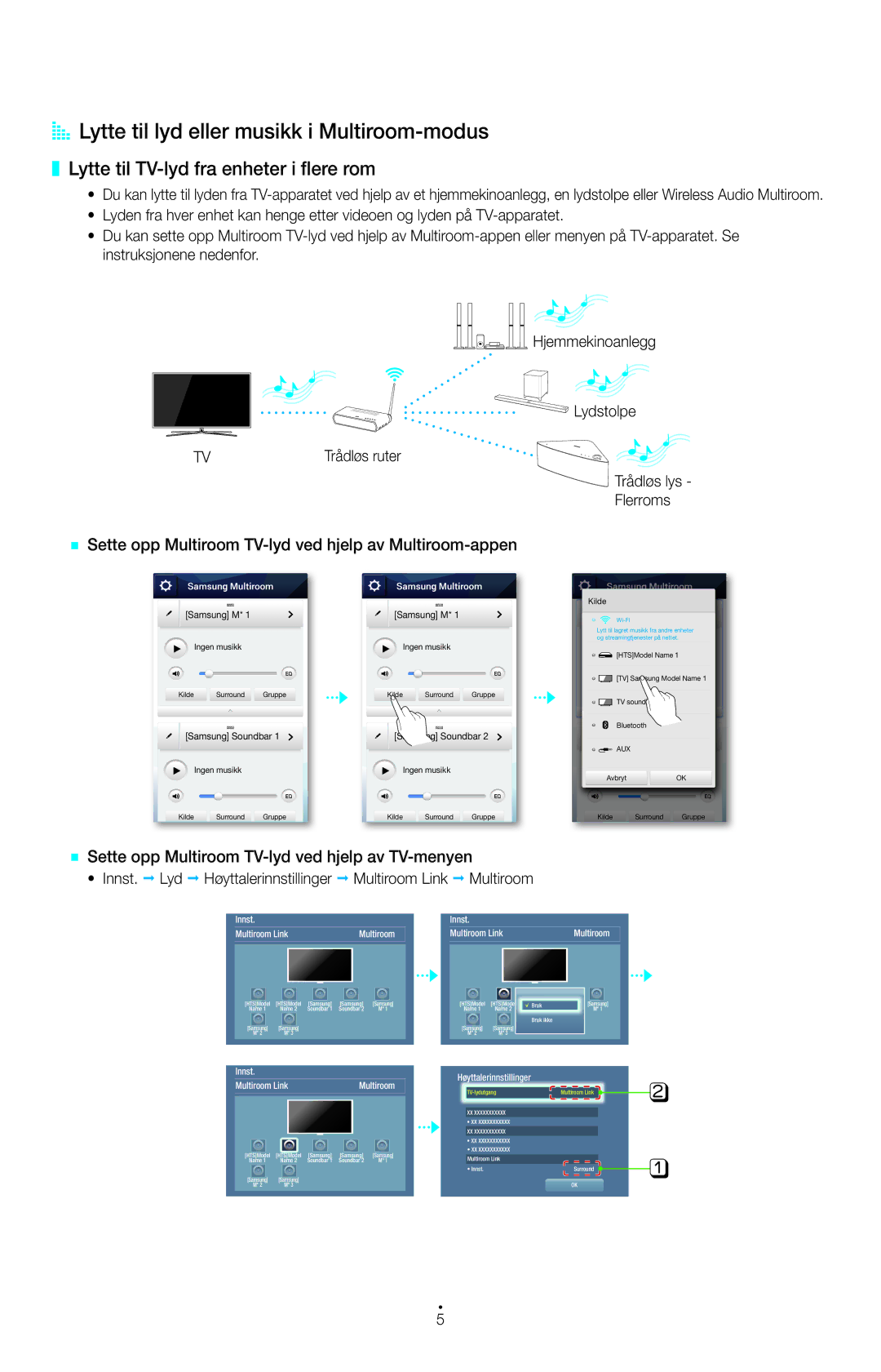 Samsung HT-H7750WM/XE manual AA Lytte til lyd eller musikk i Multiroom-modus, Lytte til TV-lyd fra enheter i flere rom 