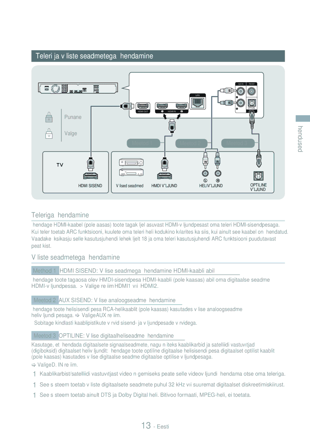 Samsung HT-H7750WM/EN manual Teleri ja väliste seadmetega ühendamine, Teleriga ühendamine, Väliste seadmetega ühendamine 