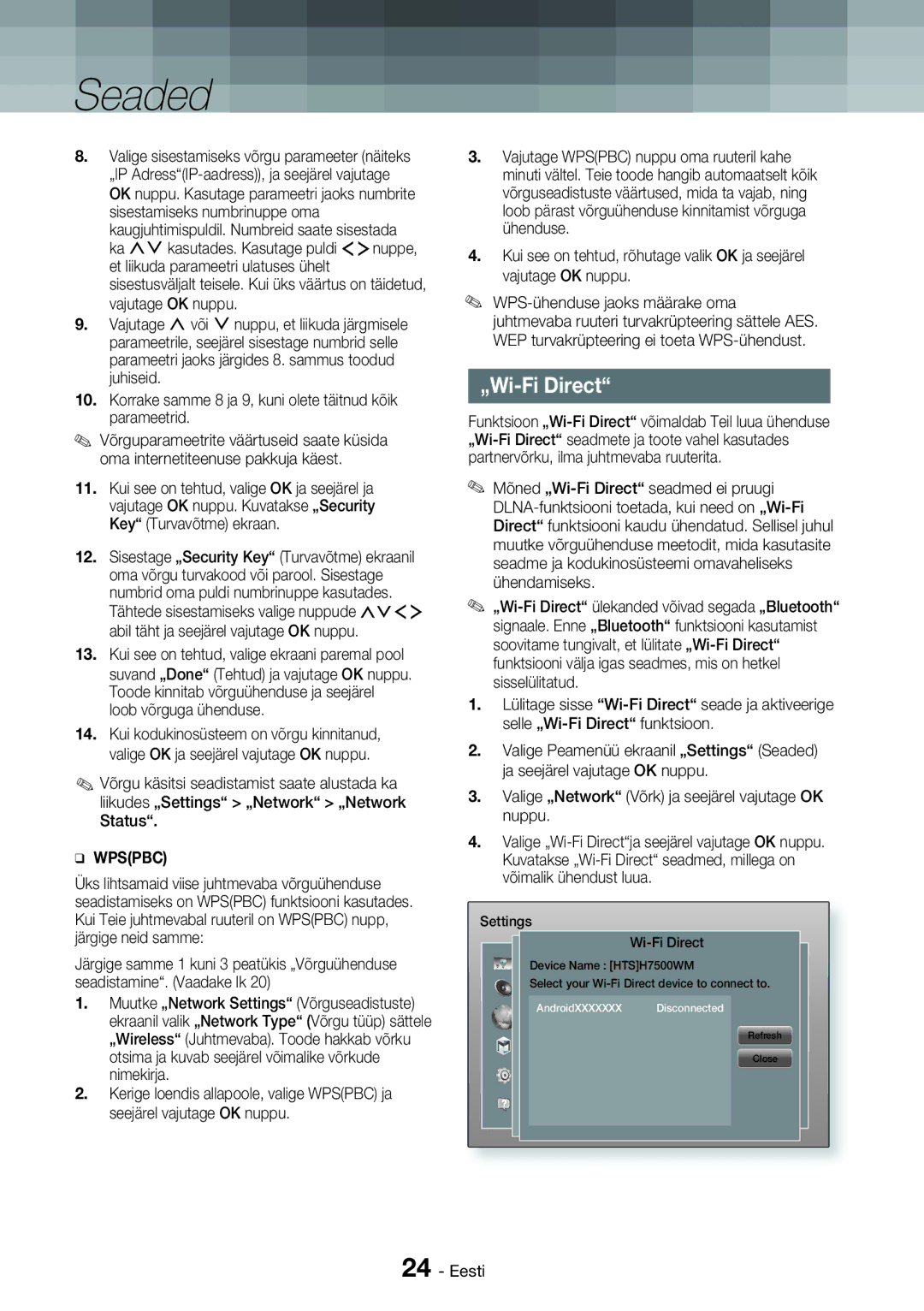 Samsung HT-H7750WM/EN manual „Wi-Fi Direct, Korrake samme 8 ja 9, kuni olete täitnud kõik parameetrid 