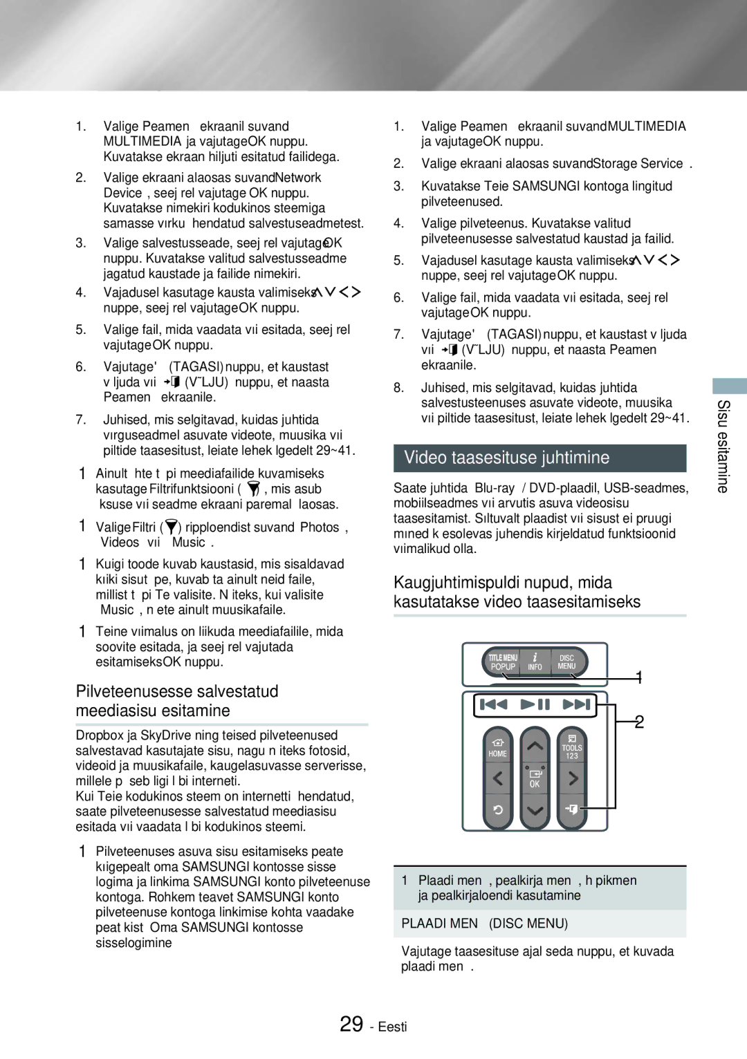 Samsung HT-H7750WM/EN manual Video taasesituse juhtimine, Sisu, Või piltide taasesitust, leiate lehekülgedelt 29~41 