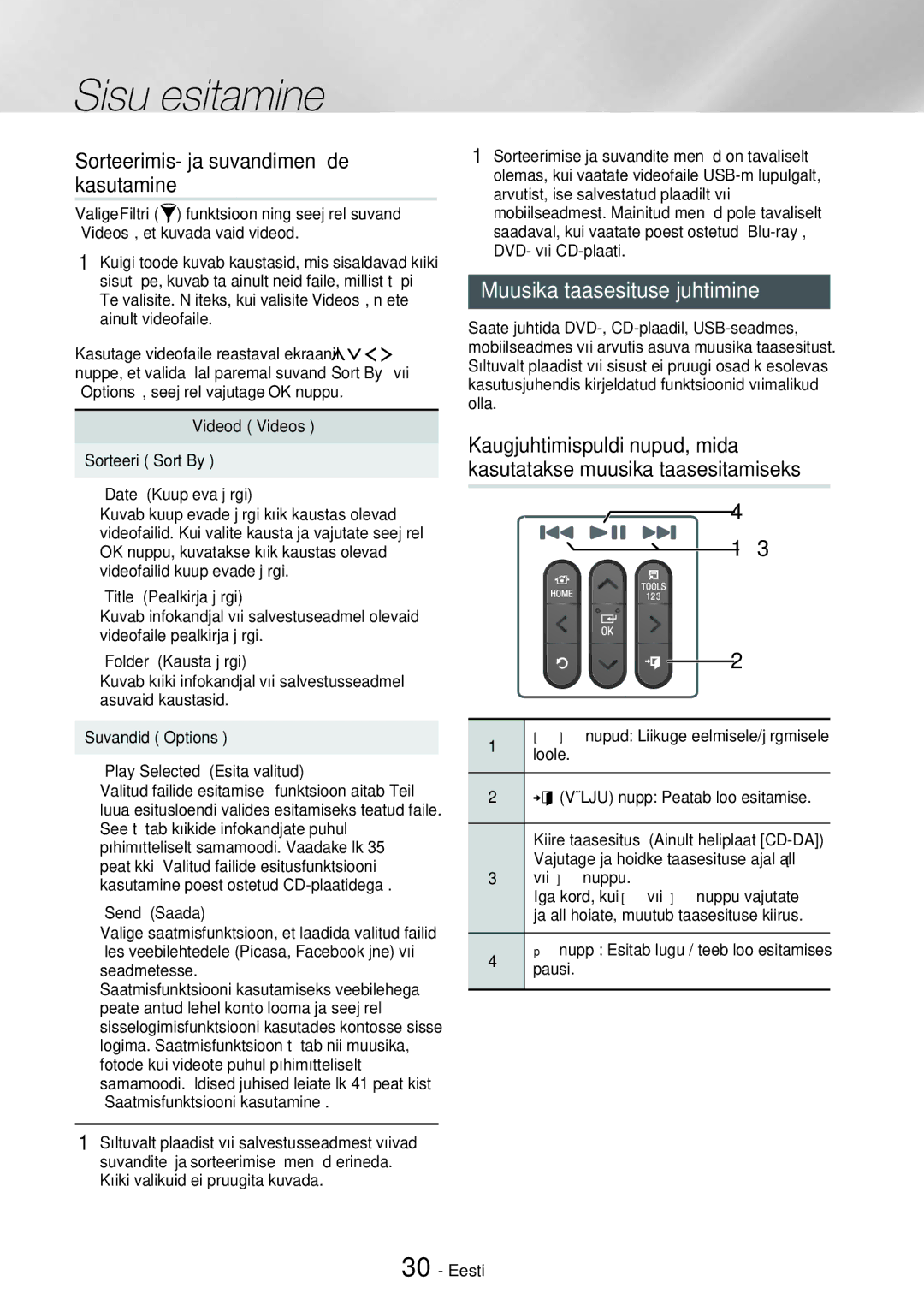 Samsung HT-H7750WM/EN manual Sorteerimis- ja suvandimenüüde kasutamine, Muusika taasesituse juhtimine, Või nuppu 