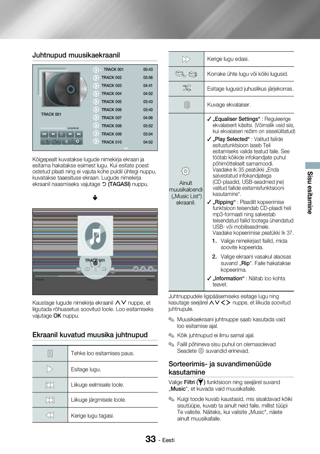 Samsung HT-H7750WM/EN manual Juhtnupud muusikaekraanil, Ekraanil kuvatud muusika juhtnupud 