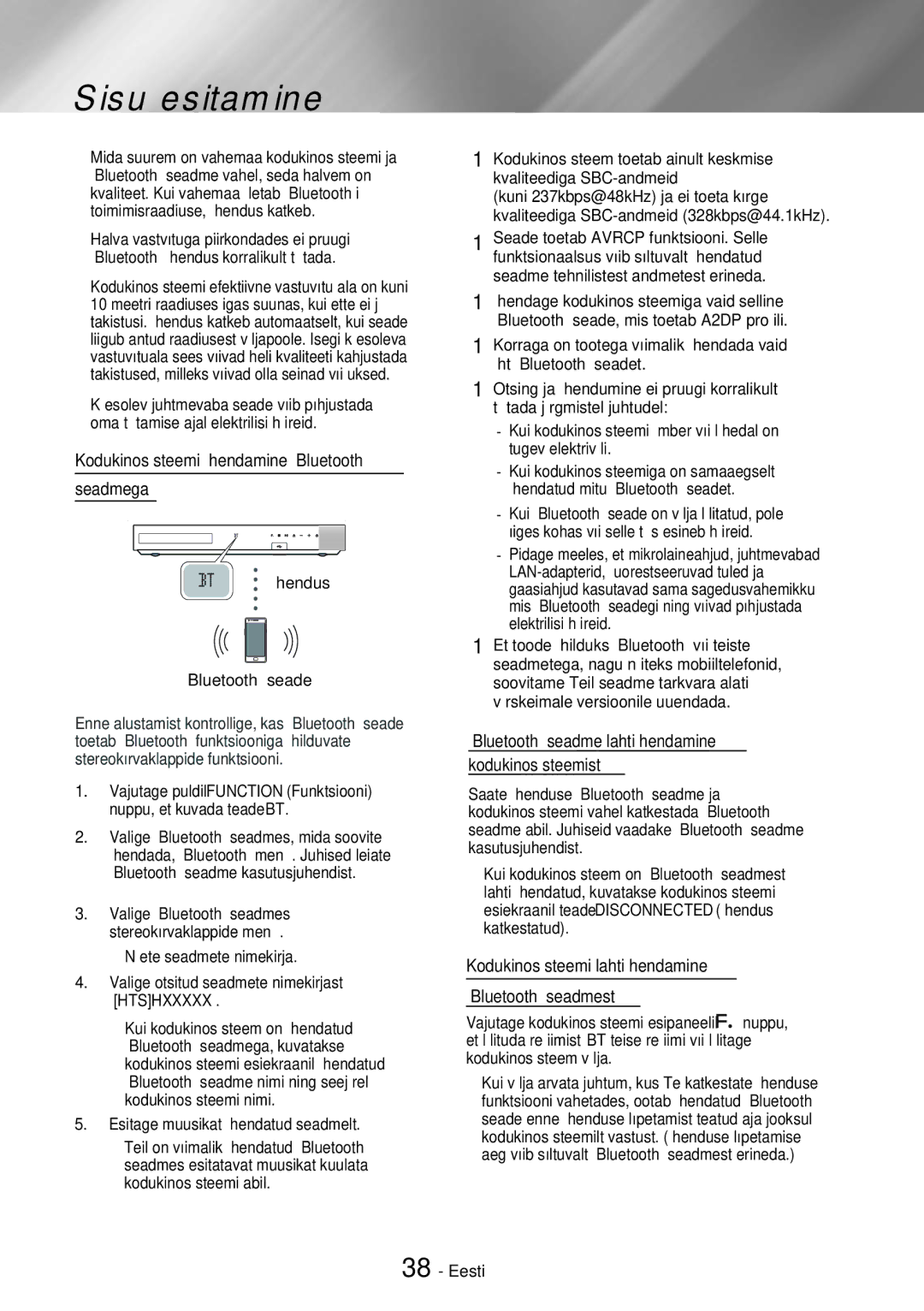 Samsung HT-H7750WM/EN manual Kodukinosüsteemi ühendamine „Bluetooth, Ühendus „Bluetooth seade 