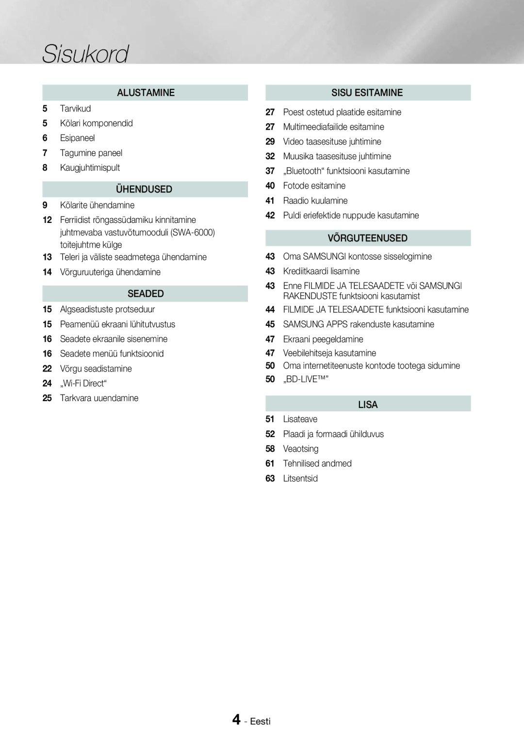 Samsung HT-H7750WM/EN manual Sisukord, Kõlarite ühendamine, Oma Samsungi kontosse sisselogimine Krediitkaardi lisamine 