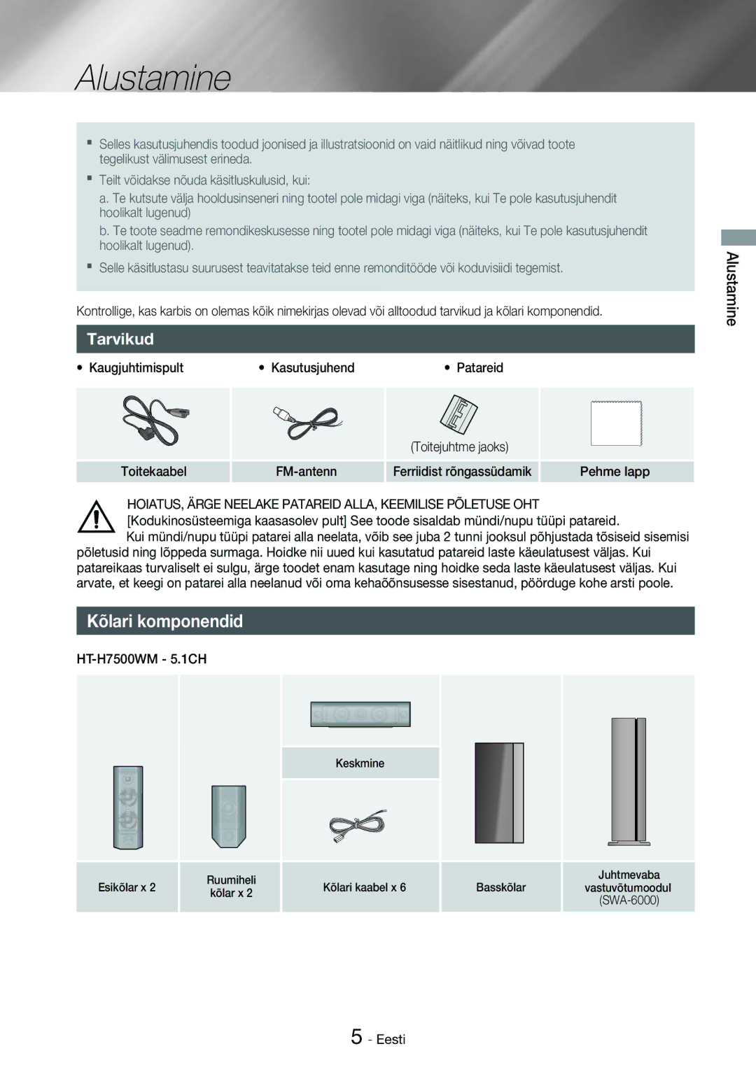 Samsung HT-H7750WM/EN manual Alustamine, Kõlari komponendid, Ferriidist rõngassüdamik, HT-H7500WM 5.1CH 