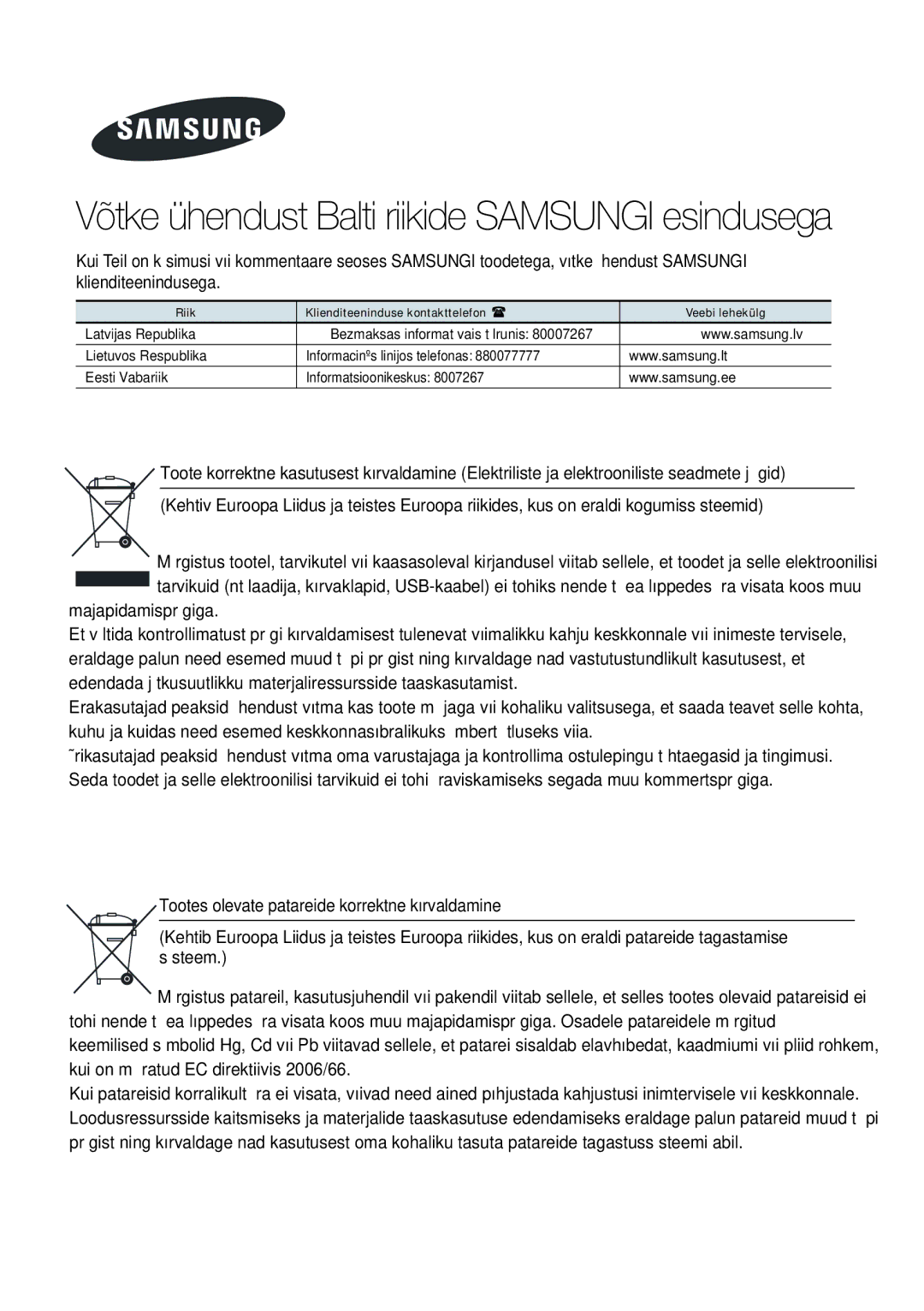 Samsung HT-H7750WM/EN manual Võtke ühendust Balti riikide Samsungi esindusega 