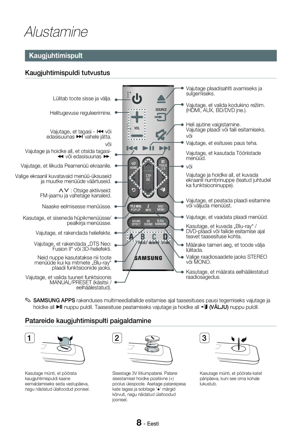 Samsung HT-H7750WM/EN manual Kaugjuhtimispult, Kaugjuhtimispuldi tutvustus, Patareide kaugjuhtimispulti paigaldamine 