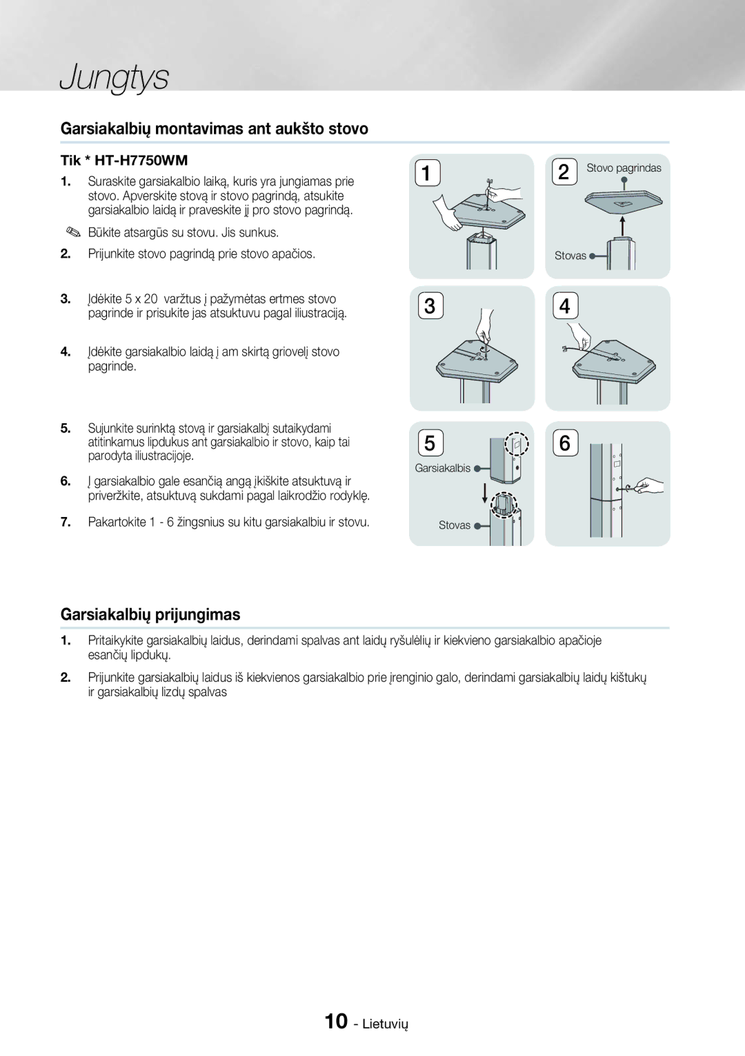 Samsung HT-H7750WM/EN manual Garsiakalbių montavimas ant aukšto stovo, Garsiakalbių prijungimas, Tik * HT-H7750WM 