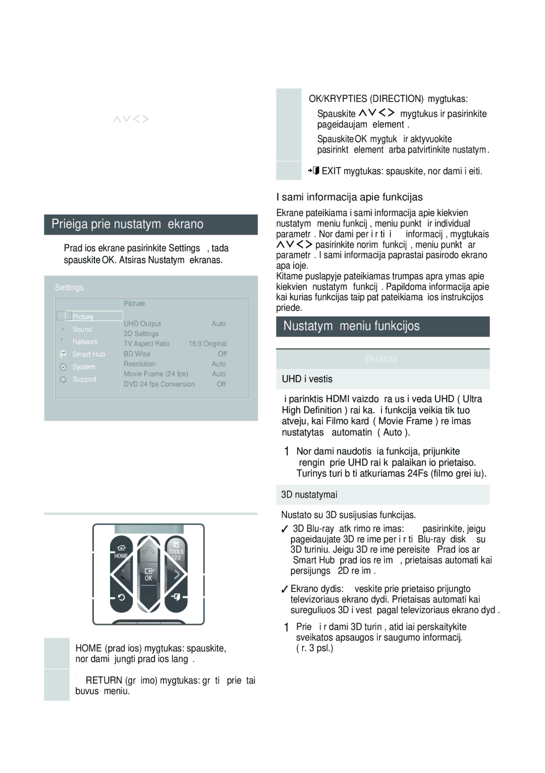 Samsung HT-H7750WM/EN manual Prieiga prie nustatymų ekrano, Nustatymų meniu funkcijos, Išsami informacija apie funkcijas 