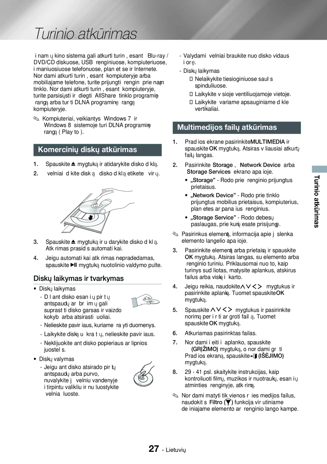 Samsung HT-H7750WM/EN manual Turinio atkūrimas, Komercinių diskų atkūrimas, Diskų laikymas ir tvarkymas 