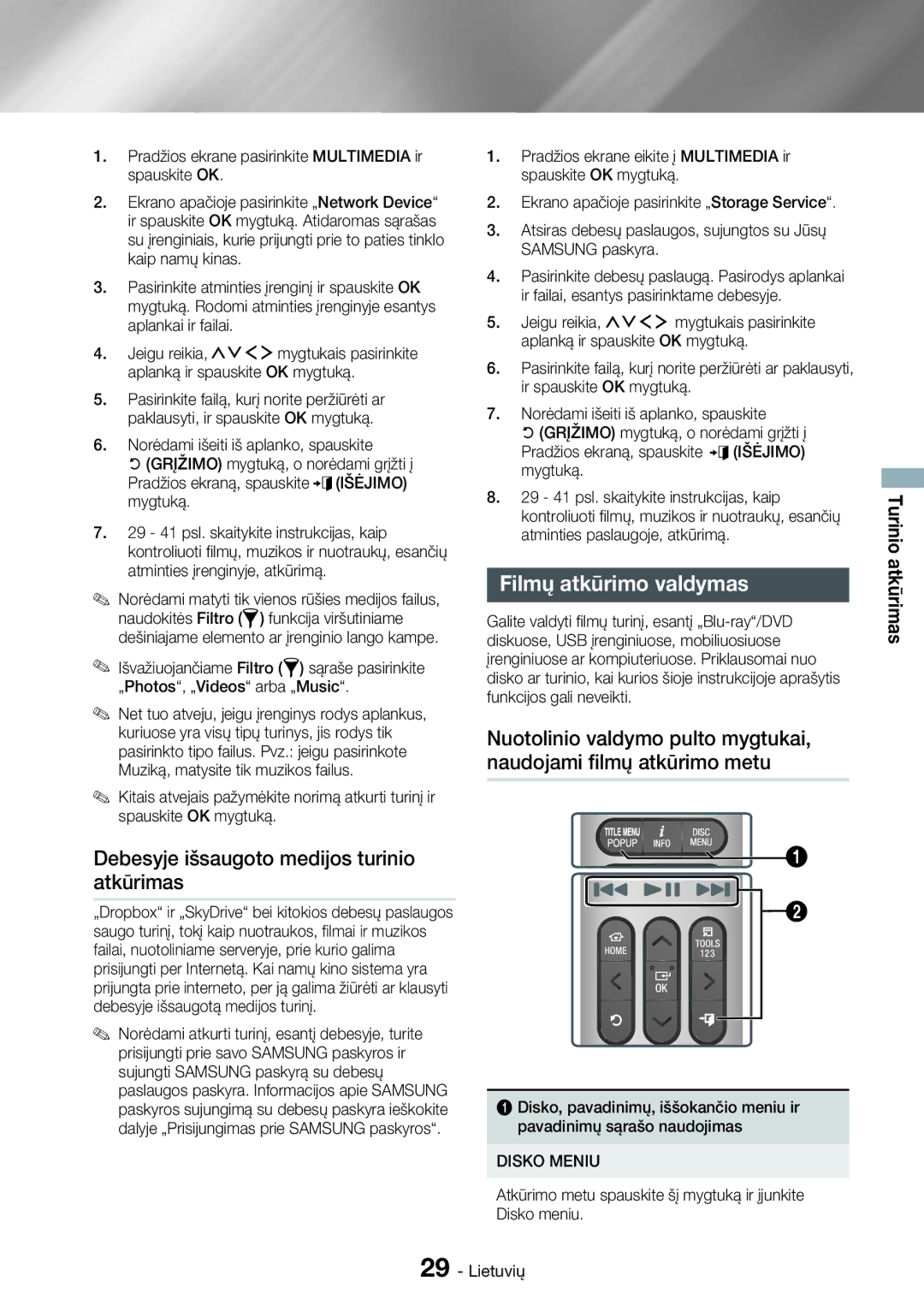 Samsung HT-H7750WM/EN manual Debesyje išsaugoto medijos turinio atkūrimas, Filmų atkūrimo valdymas 