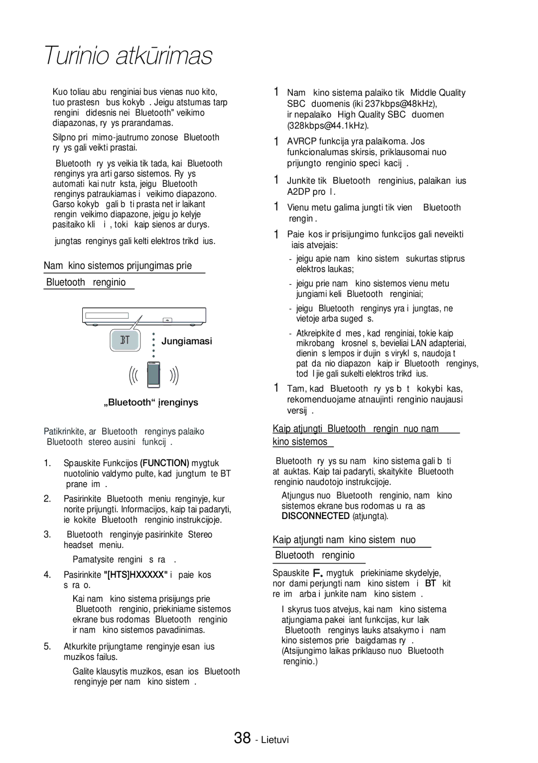 Samsung HT-H7750WM/EN manual Namų kino sistemos prijungimas prie „Bluetooth įrenginio 