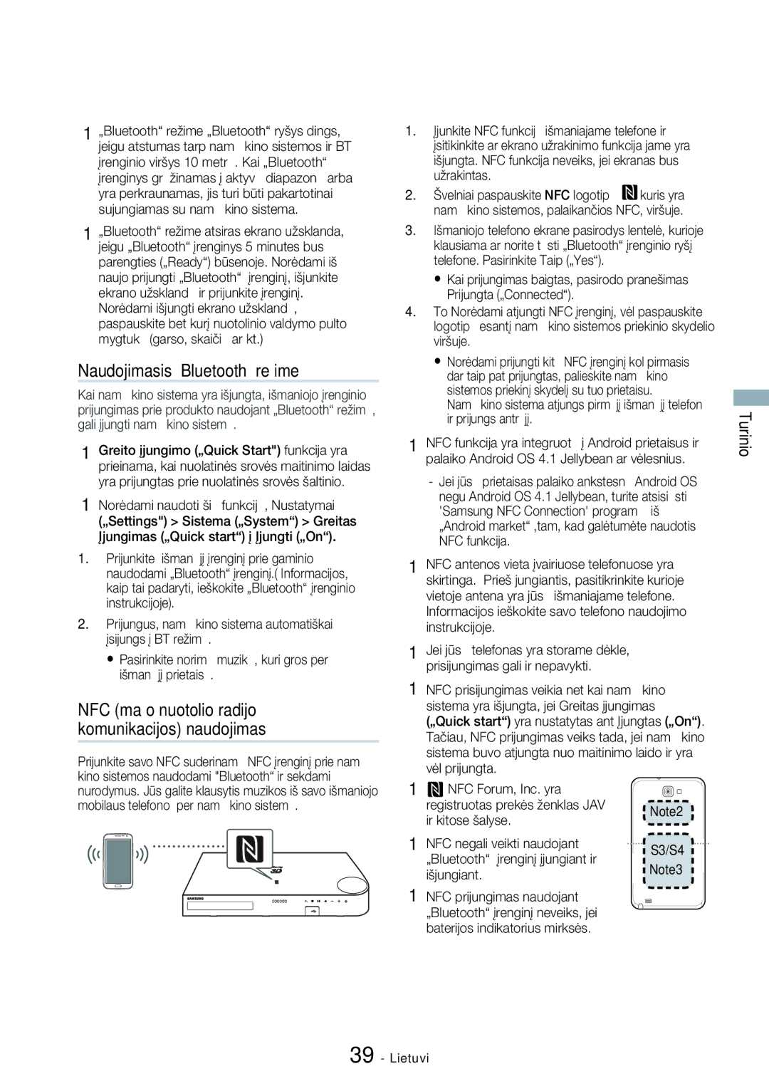 Samsung HT-H7750WM/EN Naudojimasis „Bluetooth režime, NFC mažo nuotolio radijo komunikacijos naudojimas, Turinio, S3/S4 