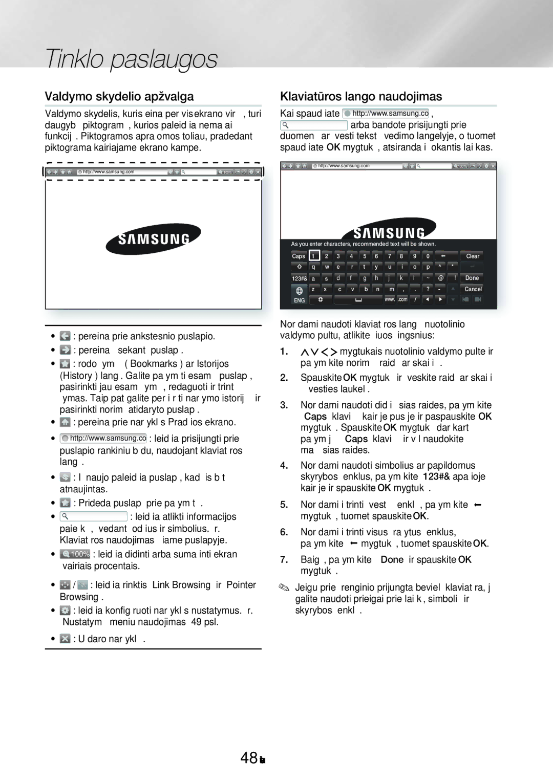 Samsung HT-H7750WM/EN manual Valdymo skydelio apžvalga, Klaviatūros lango naudojimas, Uždaro naršyklę 