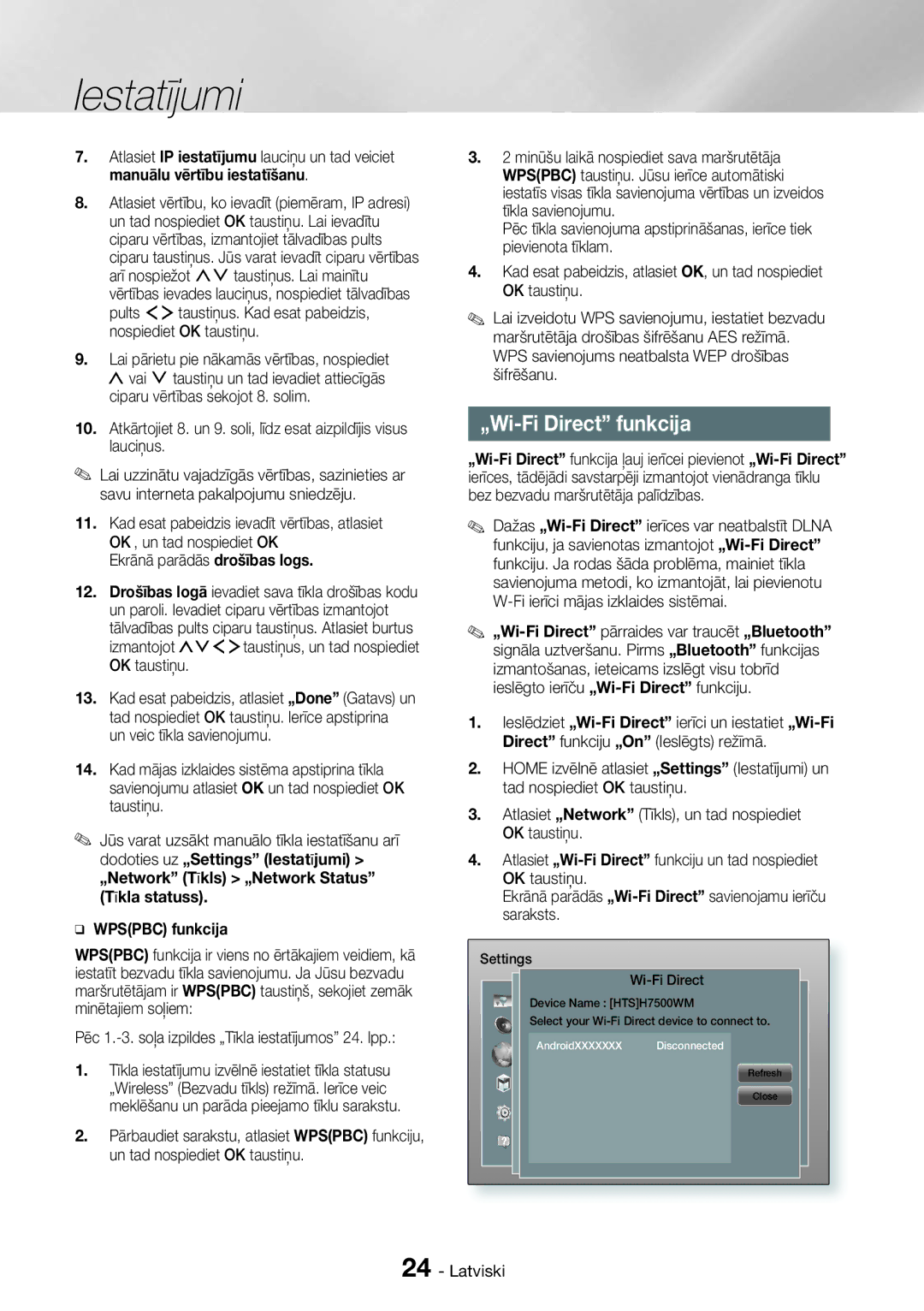 Samsung HT-H7750WM/EN manual „Wi-Fi Direct funkcija, Izmantojot, OK taustiņu, Wpspbc funkcija 