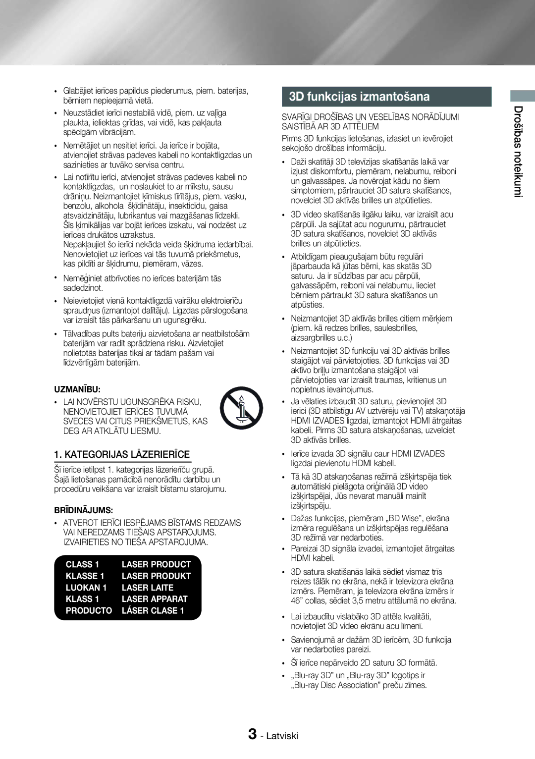 Samsung HT-H7750WM/EN manual 3D funkcijas izmantošana, Drošības noteikumi 