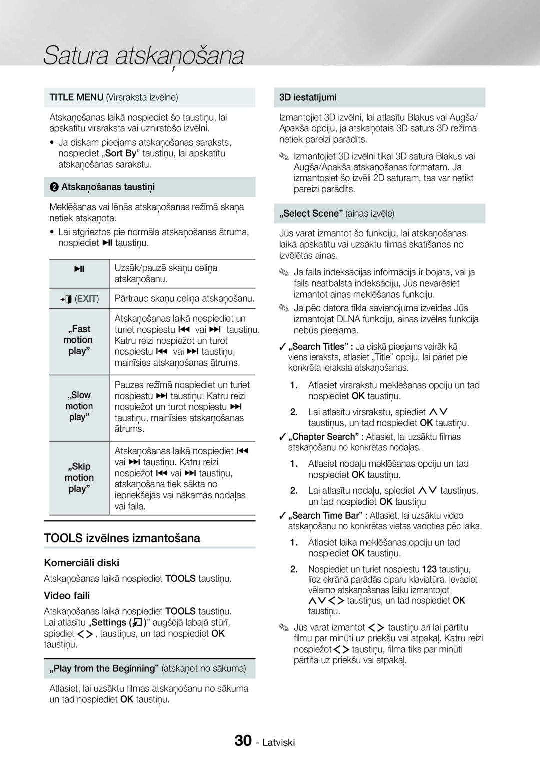 Samsung HT-H7750WM/EN manual Tools izvēlnes izmantošana, Komerciāli diski, Video faili 