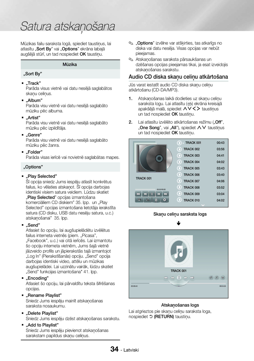 Samsung HT-H7750WM/EN manual Audio CD diska skaņu celiņu atkārtošana, „Options  „Play Selected, Return taustiņu 